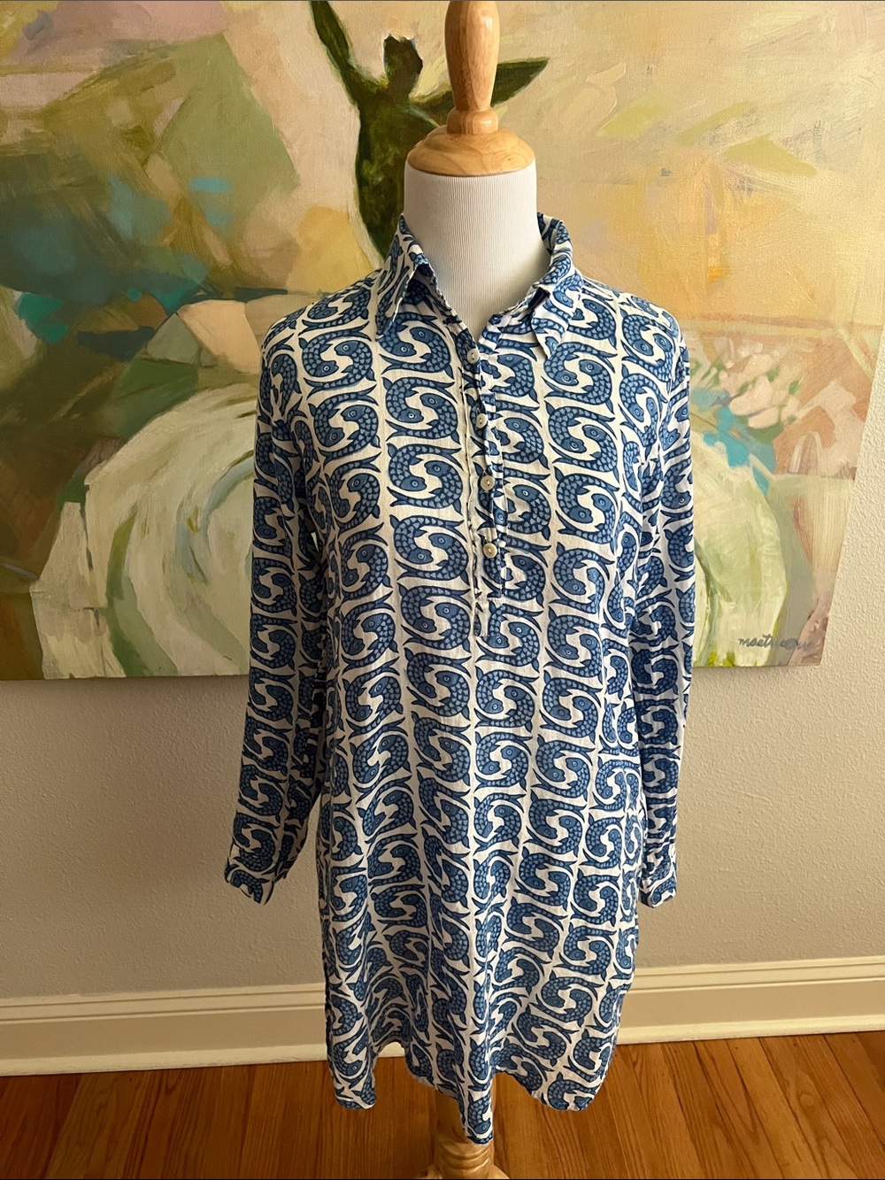 Oliphant Tunic Blouse Blue Lightweight Cotton Fish Print Shirt Long Sleeve XS